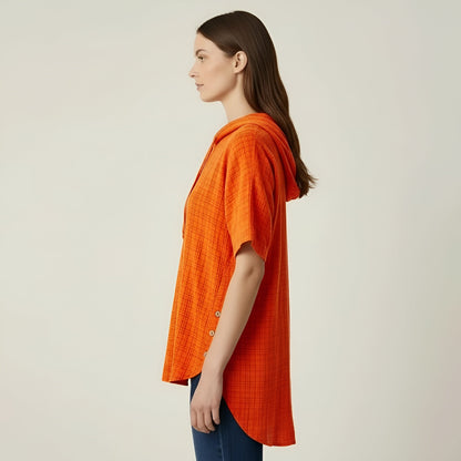 Women's Oversize Cotton Blouse Short Sleeve Casual Loose Tunic with Buttons