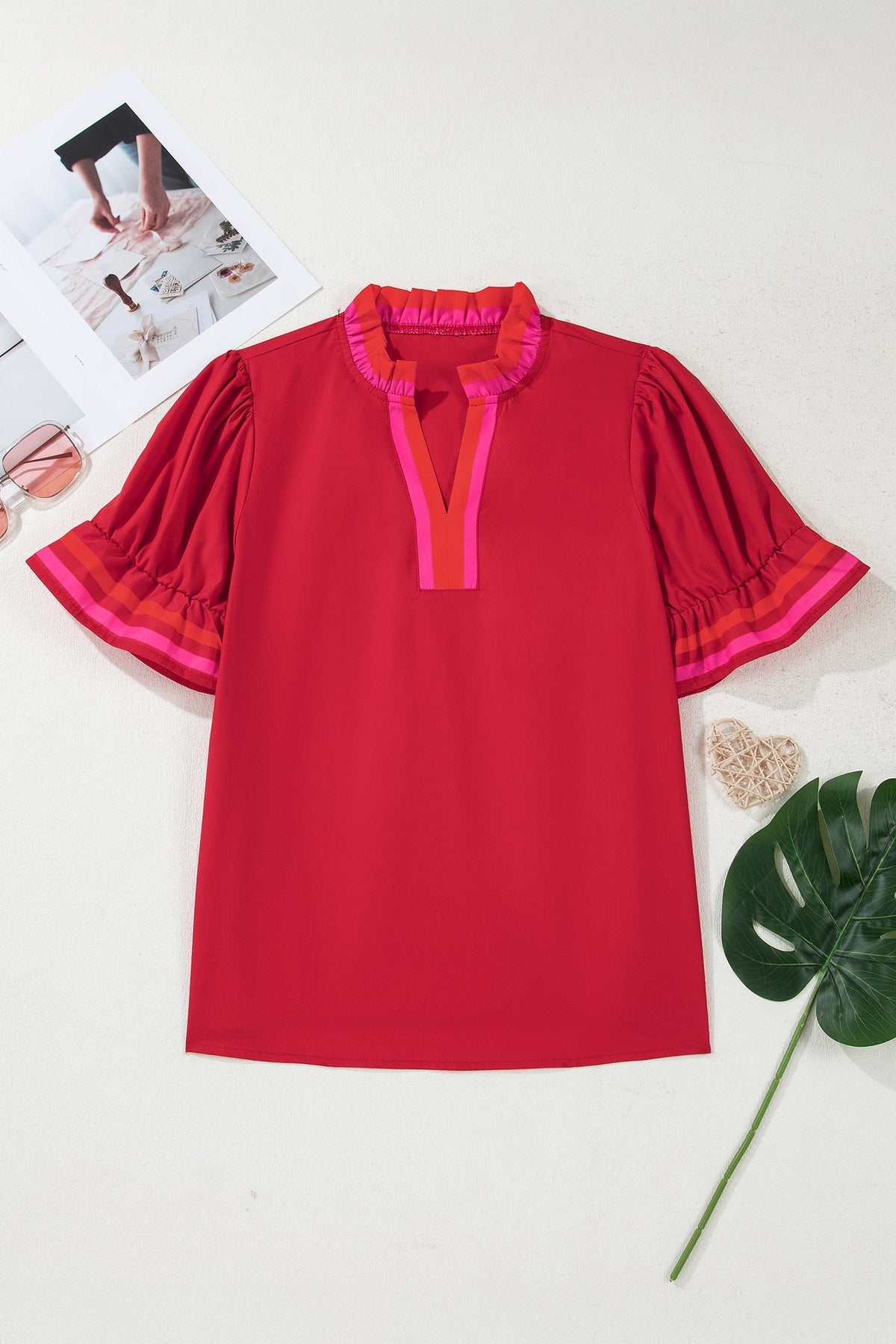 Fire red striped blouse with ruffled collar and short puffed sleeves