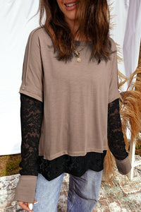 Long-sleeve casual T-shirt with transparent lace inserts