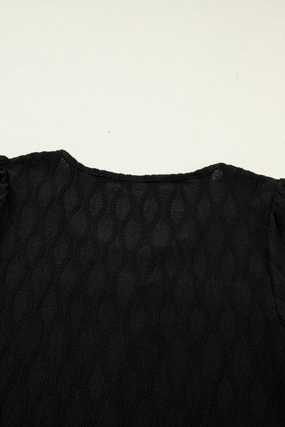 Solid Color Textured Blouse with V-Neck and Puff Sleeves