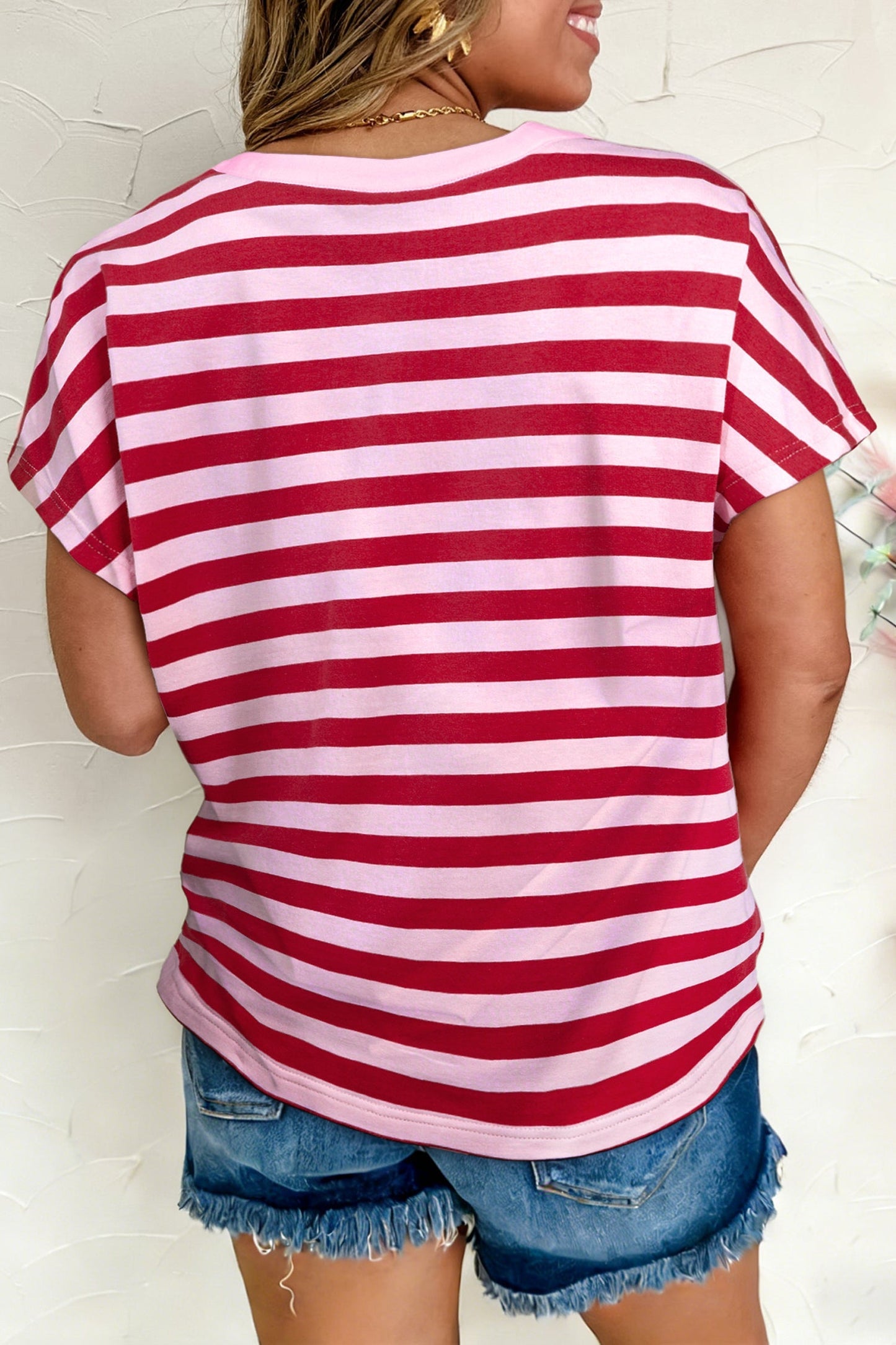 Pink Striped Casual T-shirt with V-Neck