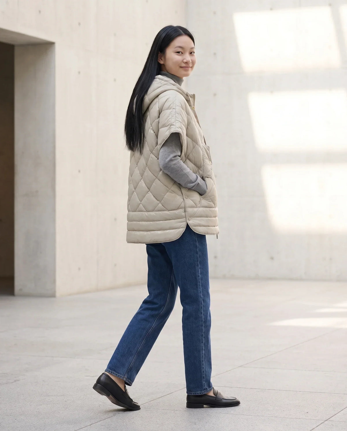 Quilted Cape Gilet with Hood and Gold Poppers