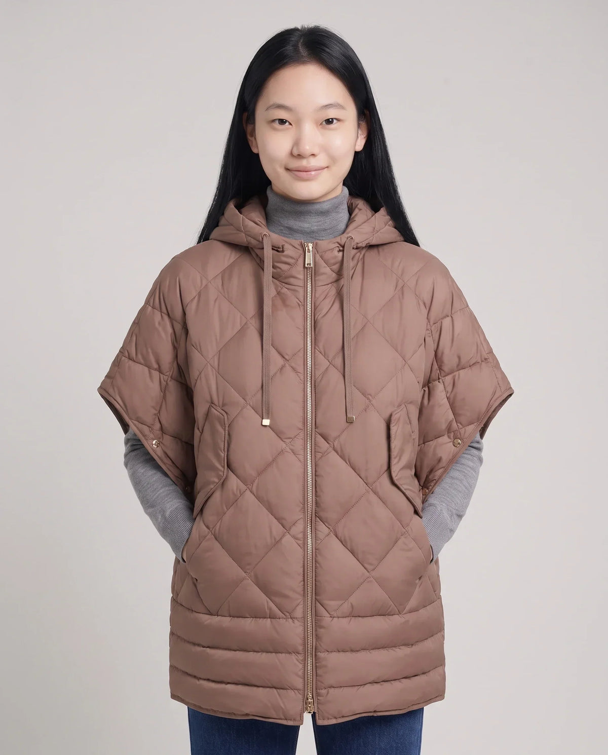 Quilted Cape Gilet with Hood and Gold Poppers