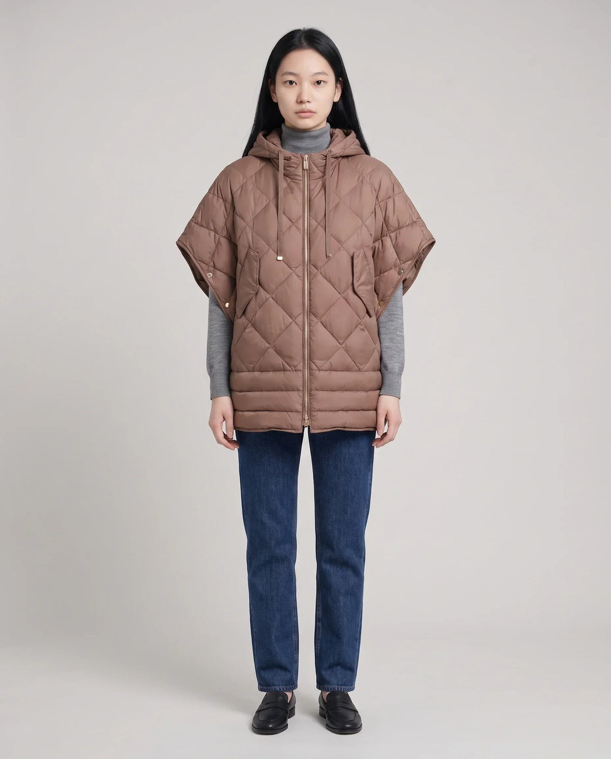 Quilted Cape Gilet with Hood and Gold Poppers