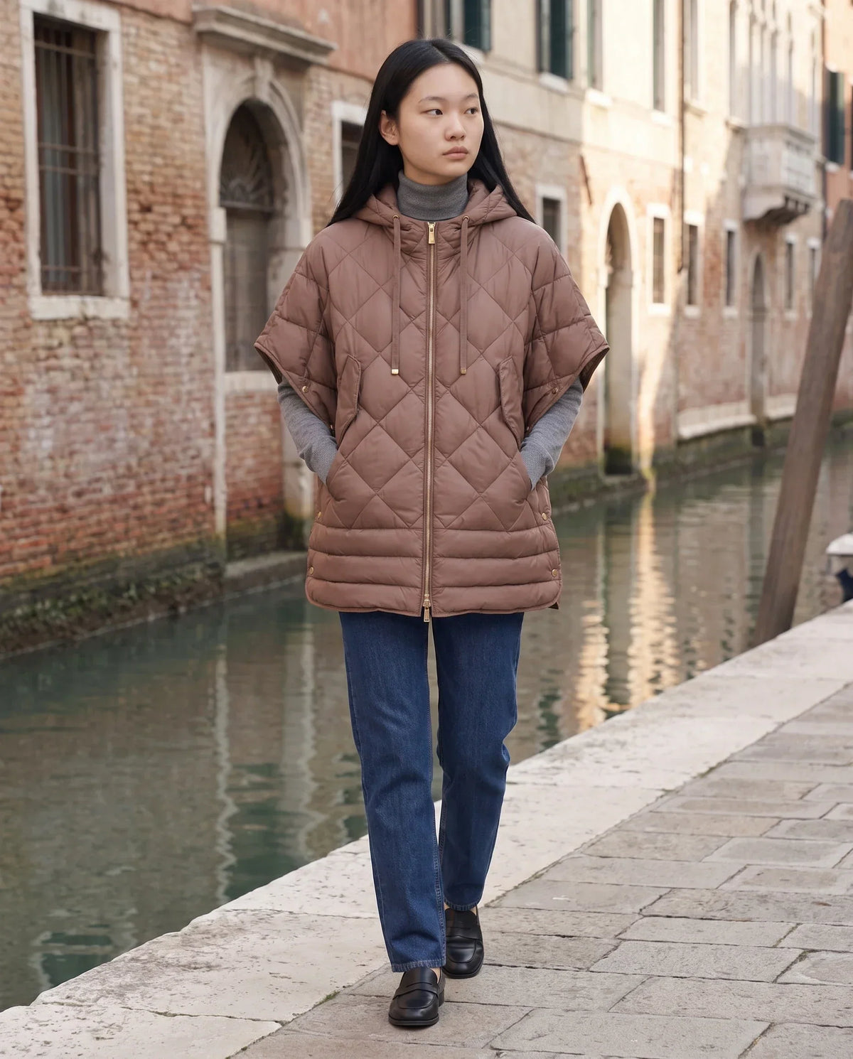 Quilted Cape Gilet with Hood and Gold Poppers