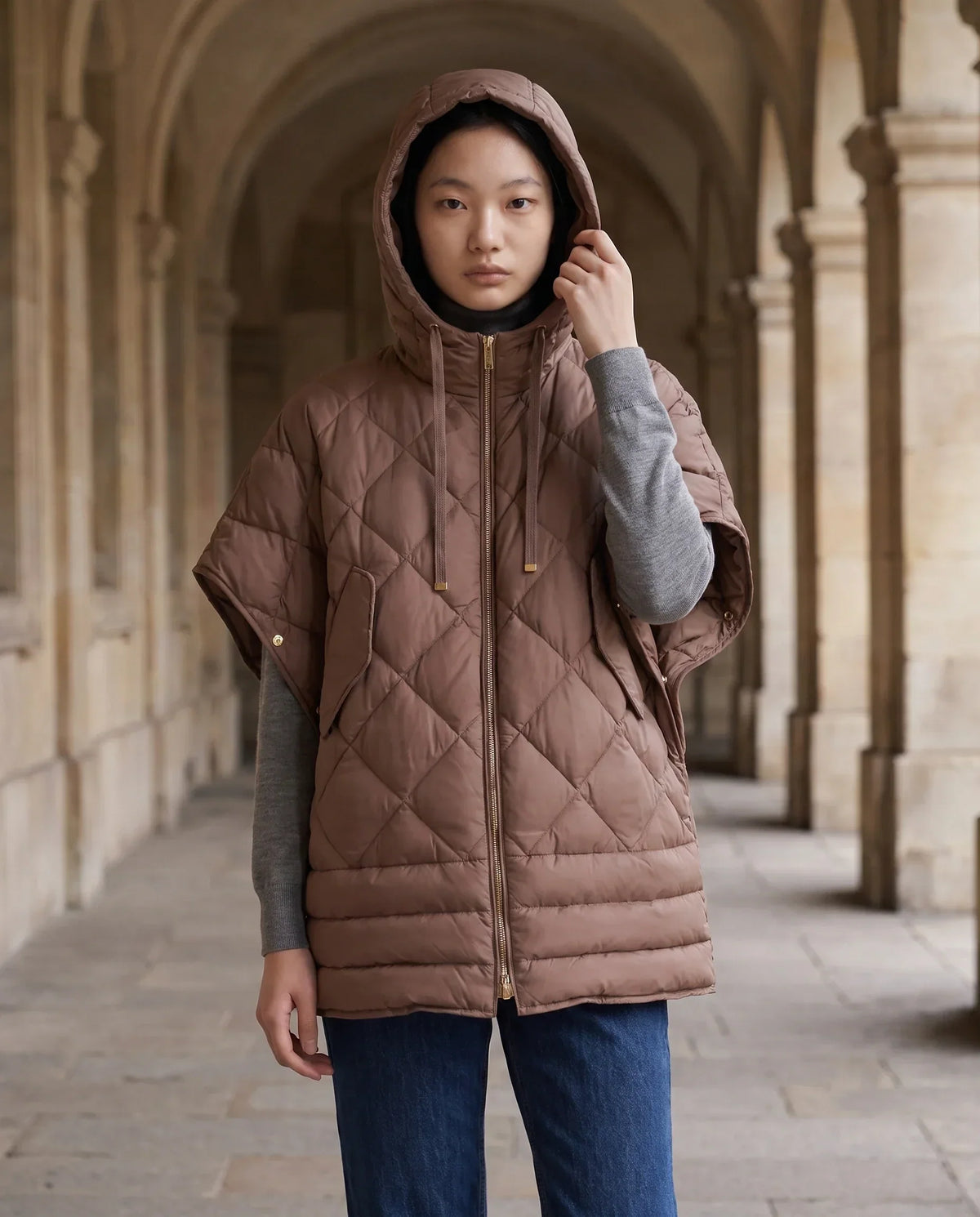 Quilted Cape Gilet with Hood and Gold Poppers