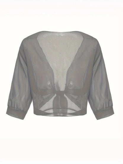Brisa | Women's Tie Front Sheer Blouse Open Front 3/4 Sleeve Top