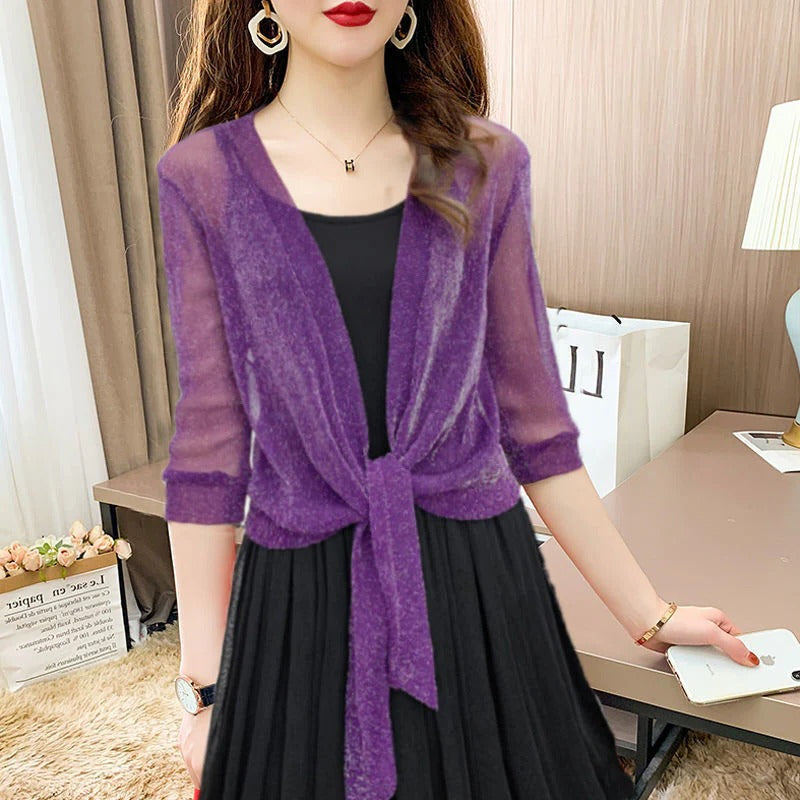 Brisa | Women's Tie Front Sheer Blouse Open Front 3/4 Sleeve Top