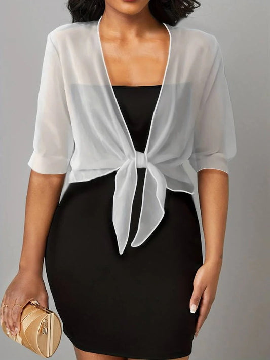 Brisa | Women's Tie Front Sheer Blouse Open Front 3/4 Sleeve Top