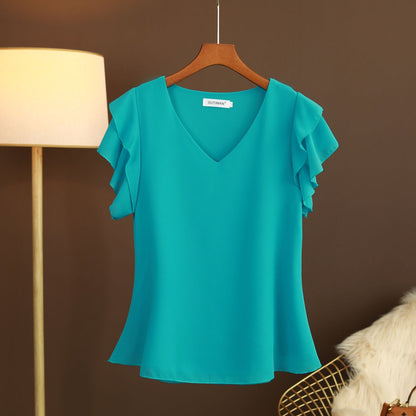 Light women's silk chiffon blouse with ruffled sleeves and V-neck