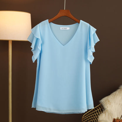 Light women's silk chiffon blouse with ruffled sleeves and V-neck