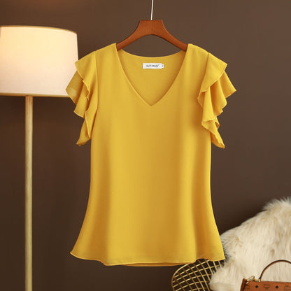 Light women's silk chiffon blouse with ruffled sleeves and V-neck