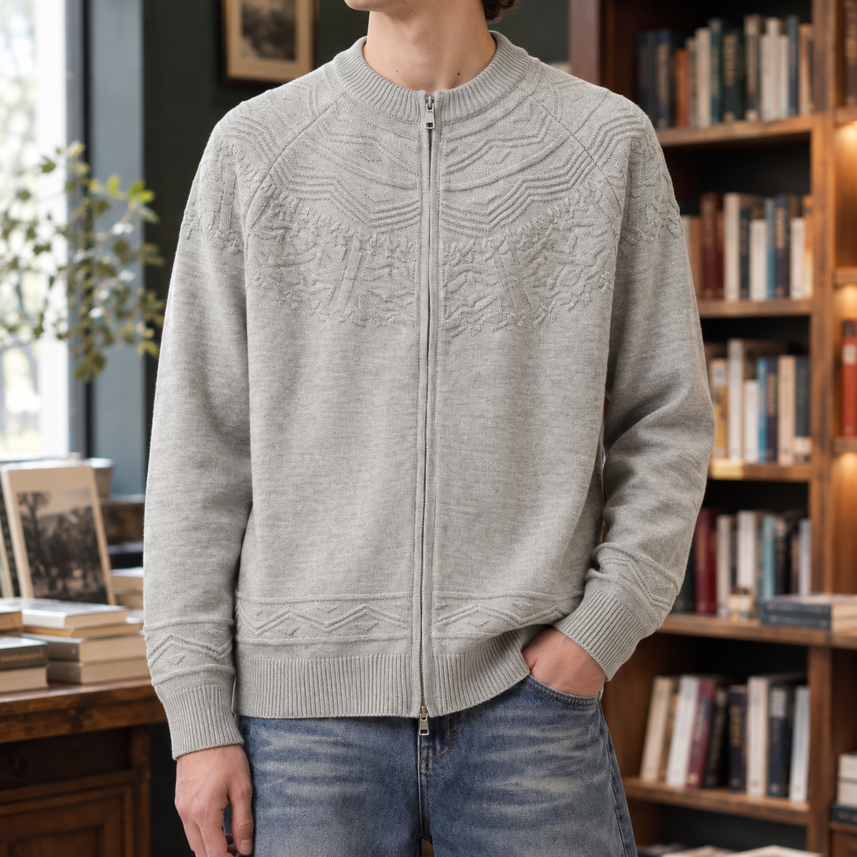 Cyprian-West Jacquard Zip Cardigan