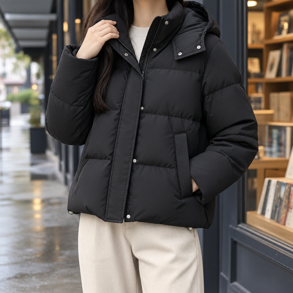 Puffer Jacket Down Filled Loose Waist-Length with Attached Hood