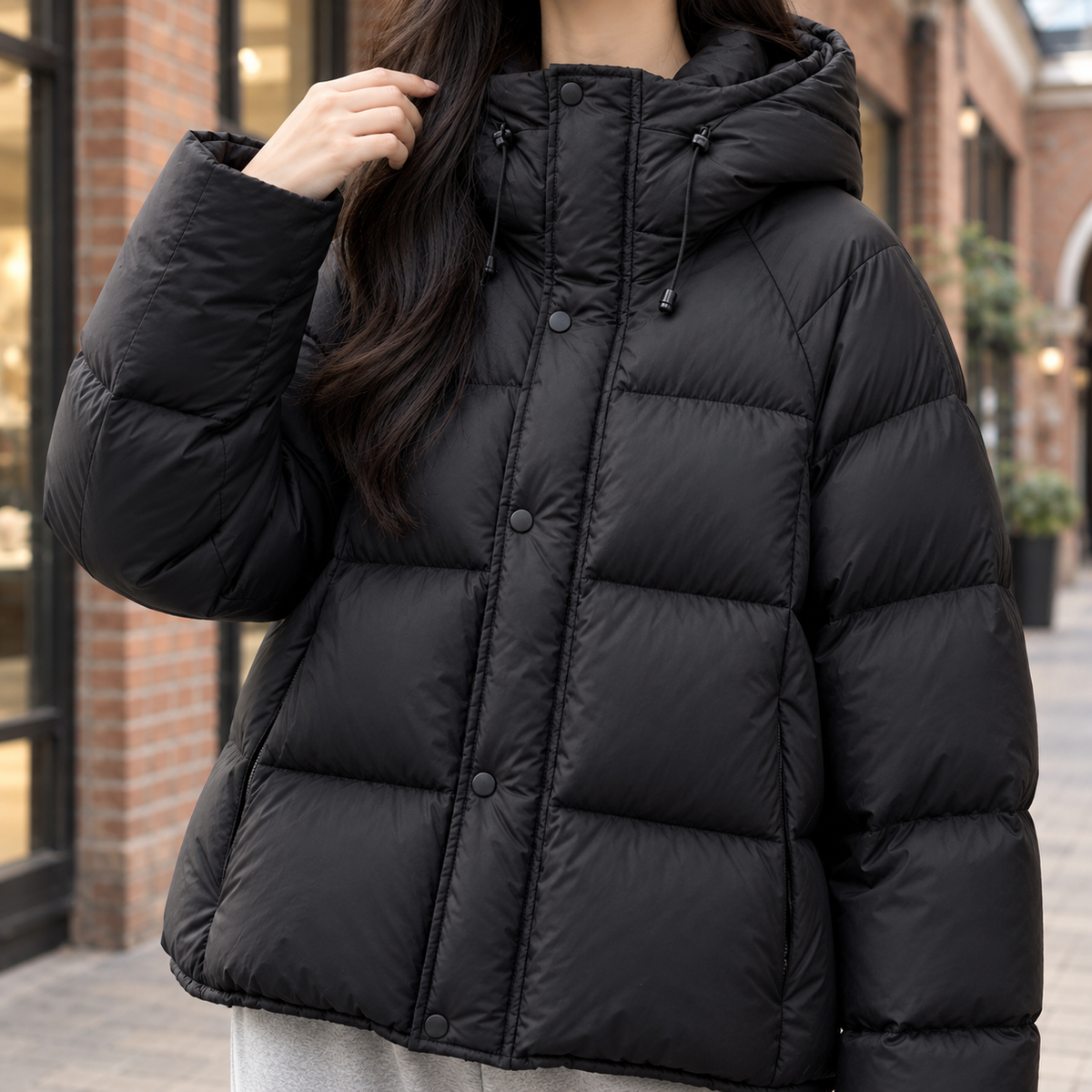 Puffer Jacket Duck Down Relaxed Hip-Length with Adjustable Hood