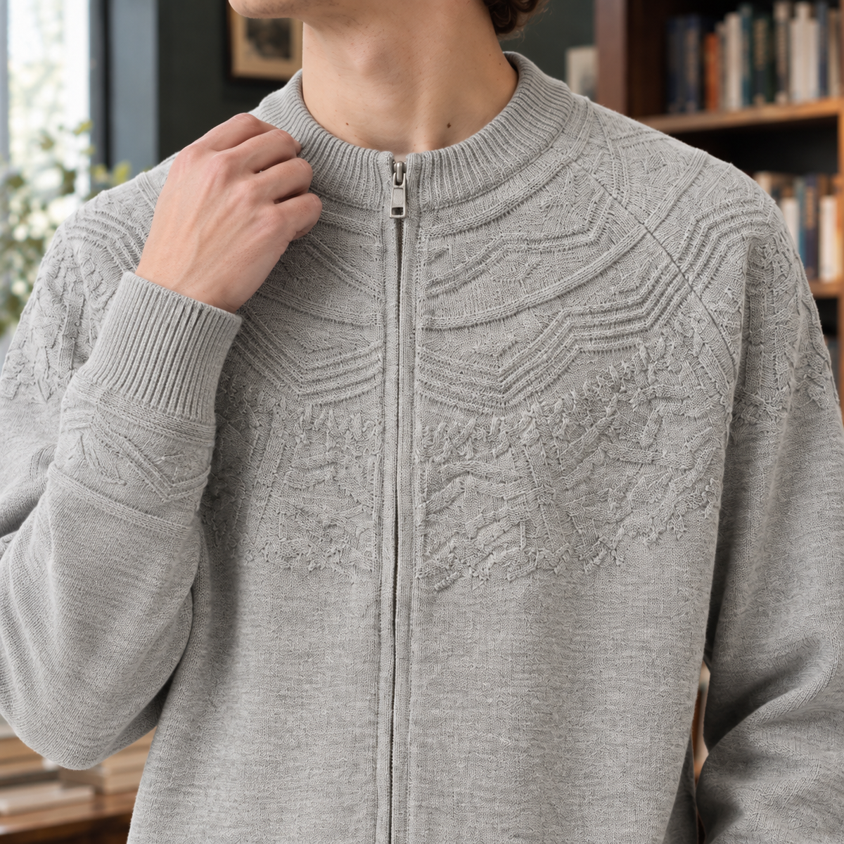 Cyprian-West Jacquard Zip Cardigan