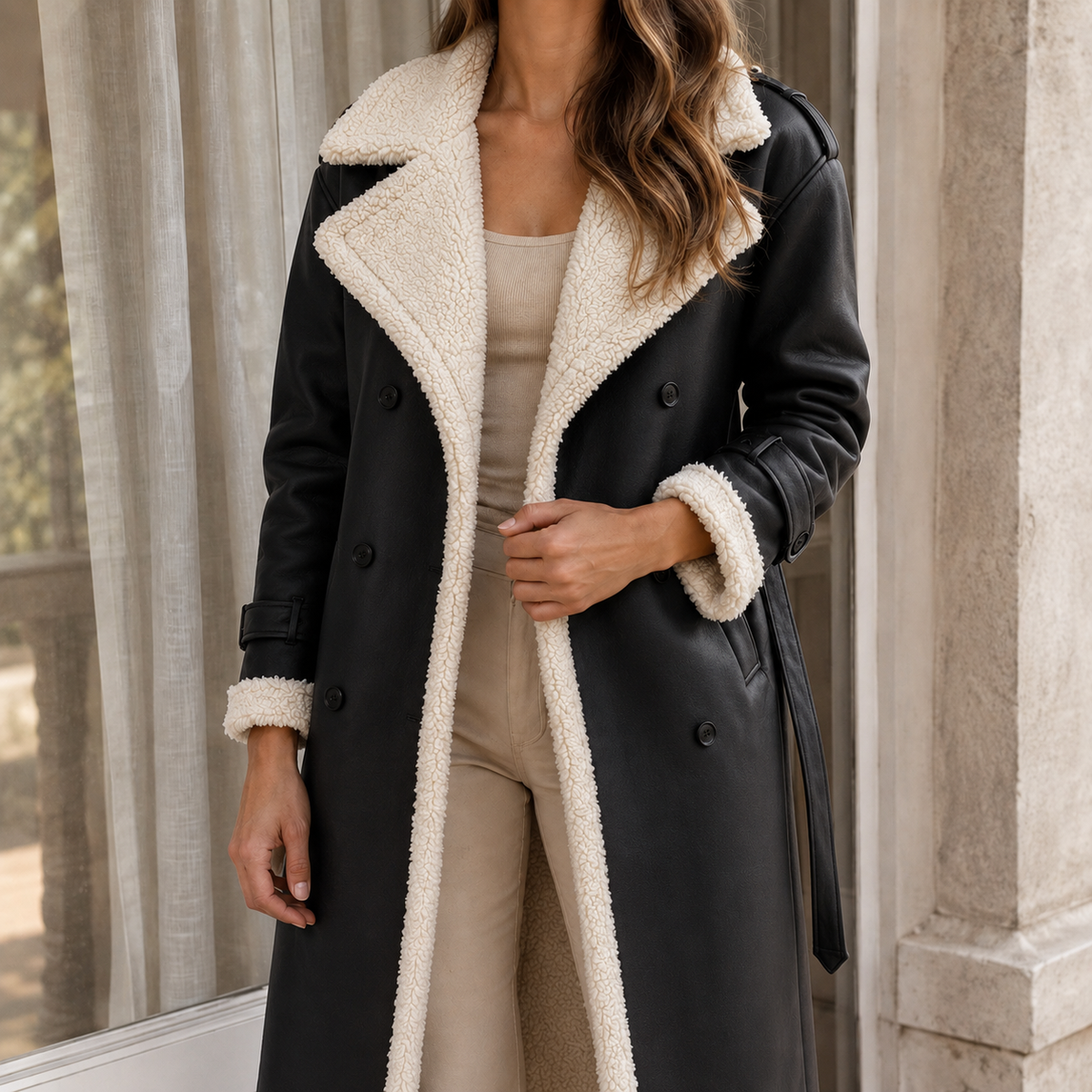 Soledad-Louise Faux Shearling Trim Coat