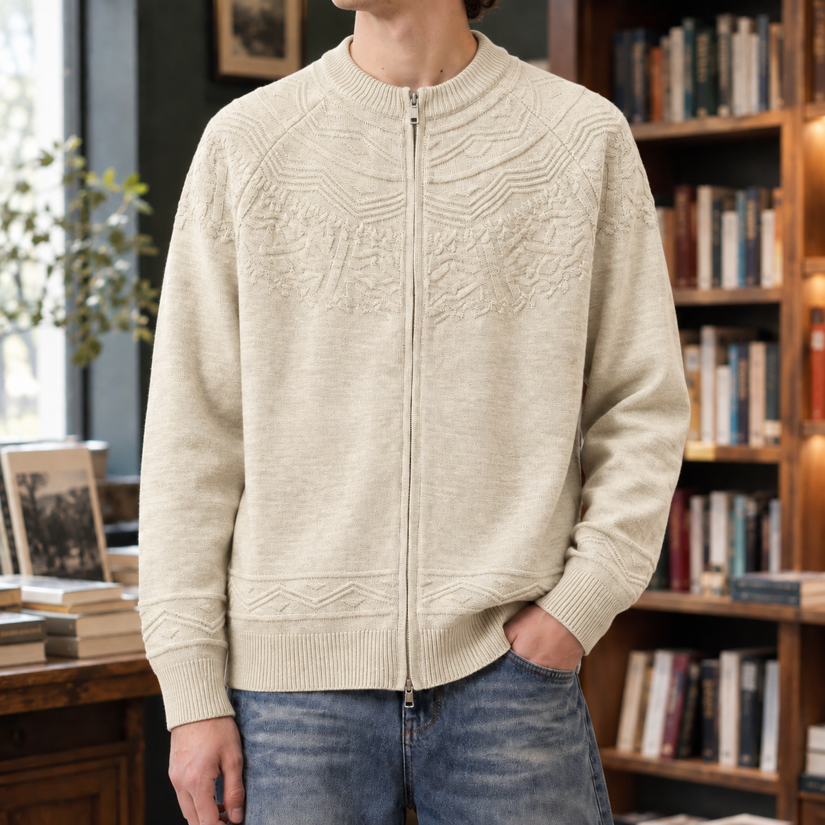 Cyprian-West Jacquard Zip Cardigan