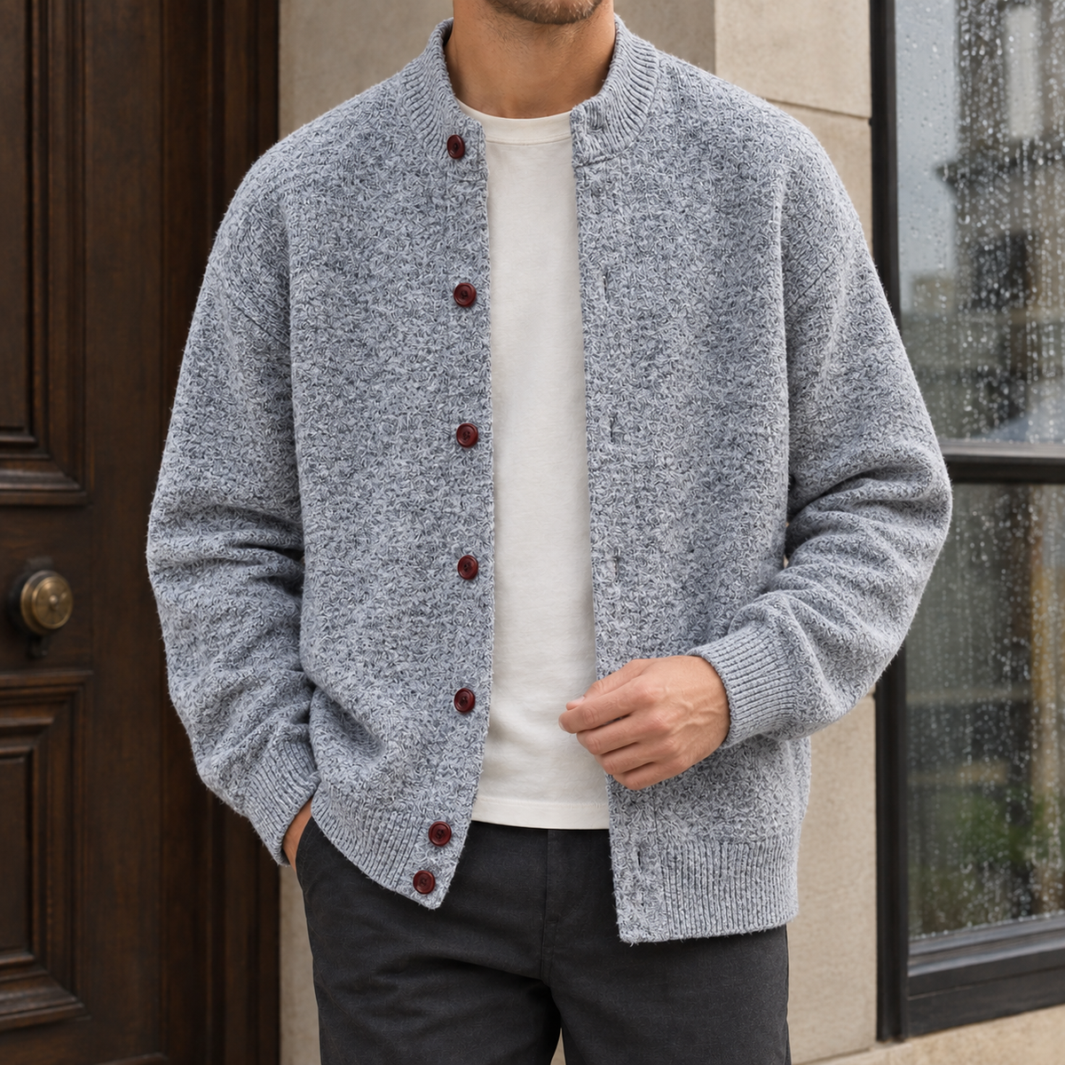 Malcolm-Grey Stand Collar Cardigan