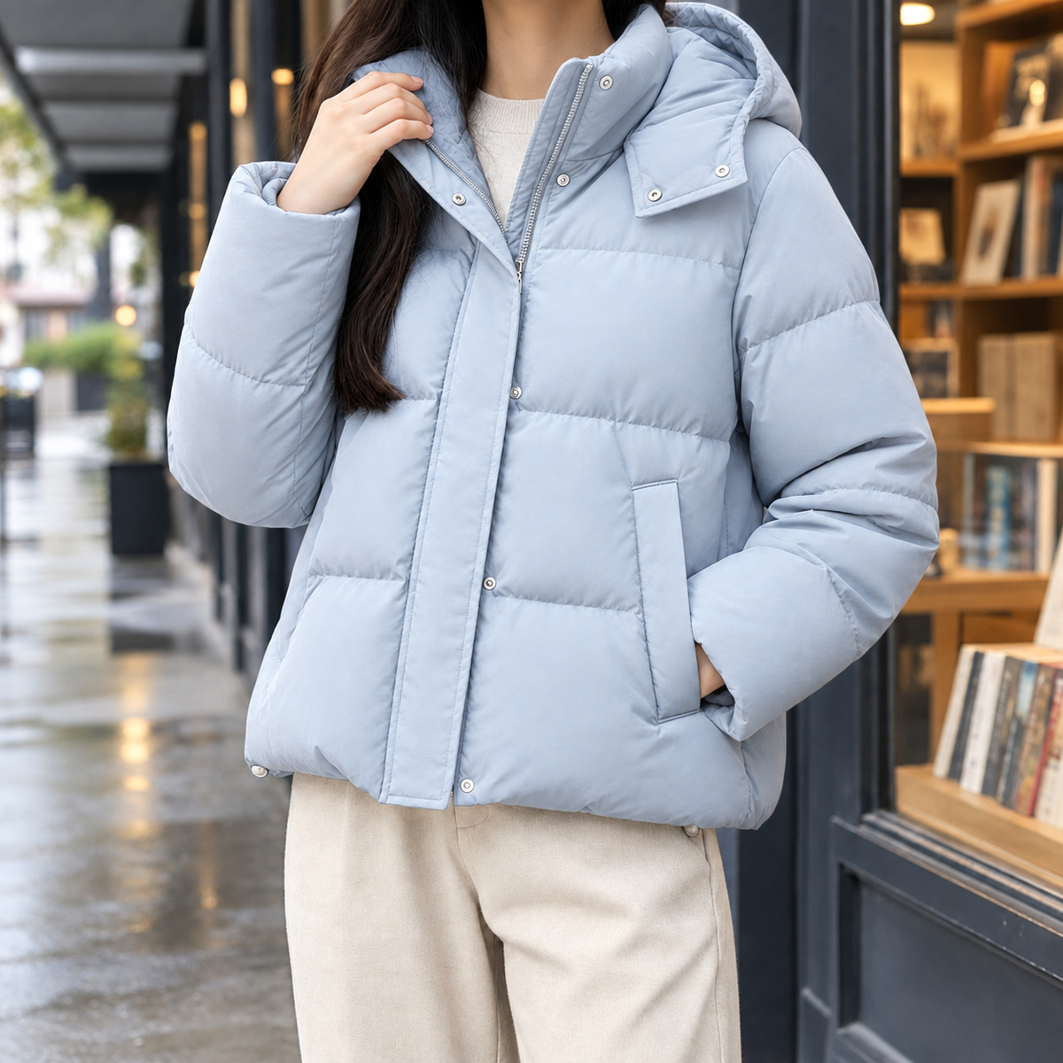 Puffer Jacket Down Filled Loose Waist-Length with Attached Hood