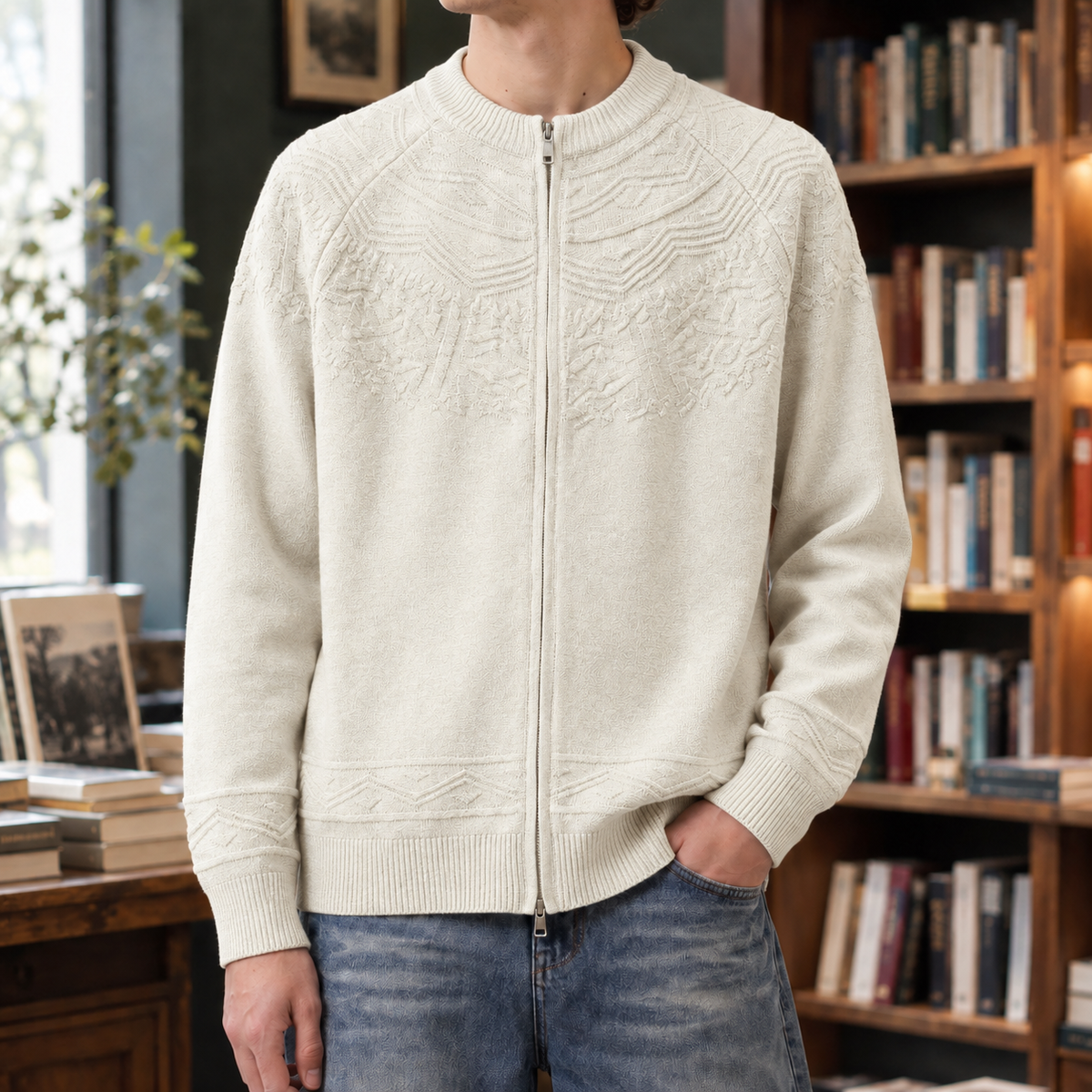 Cyprian-West Jacquard Zip Cardigan