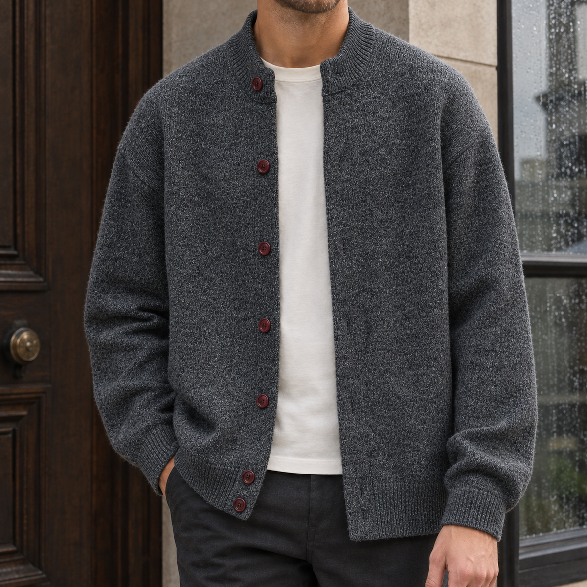 Malcolm-Grey Stand Collar Cardigan