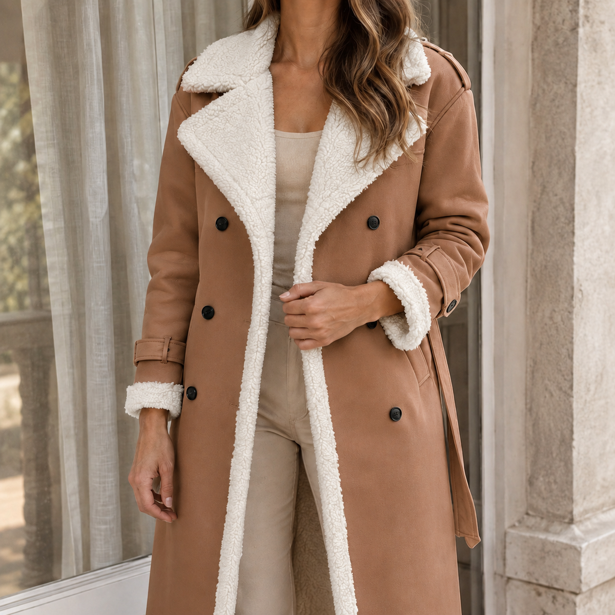 Soledad-Louise Faux Shearling Trim Coat