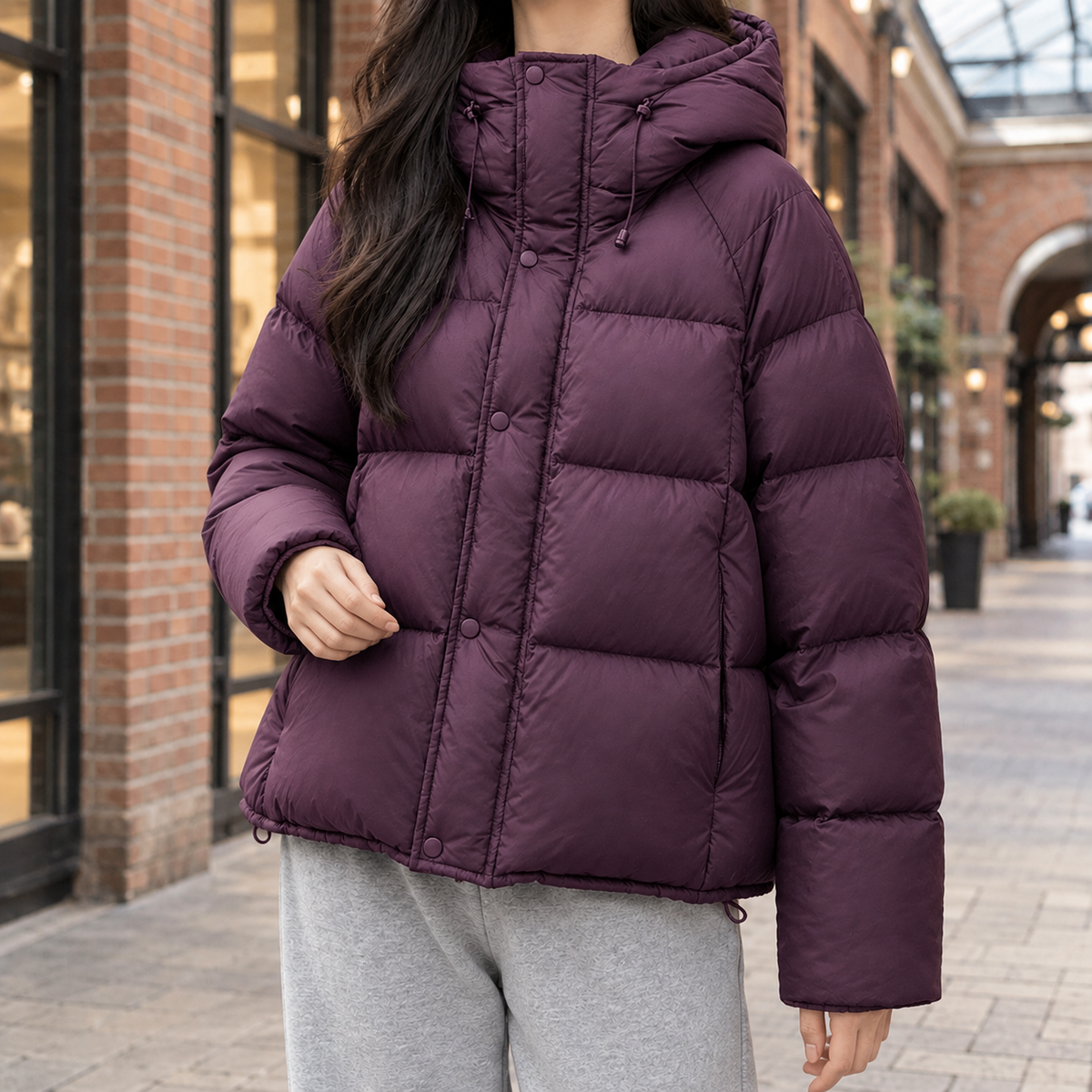 Puffer Jacket Duck Down Relaxed Hip-Length with Adjustable Hood