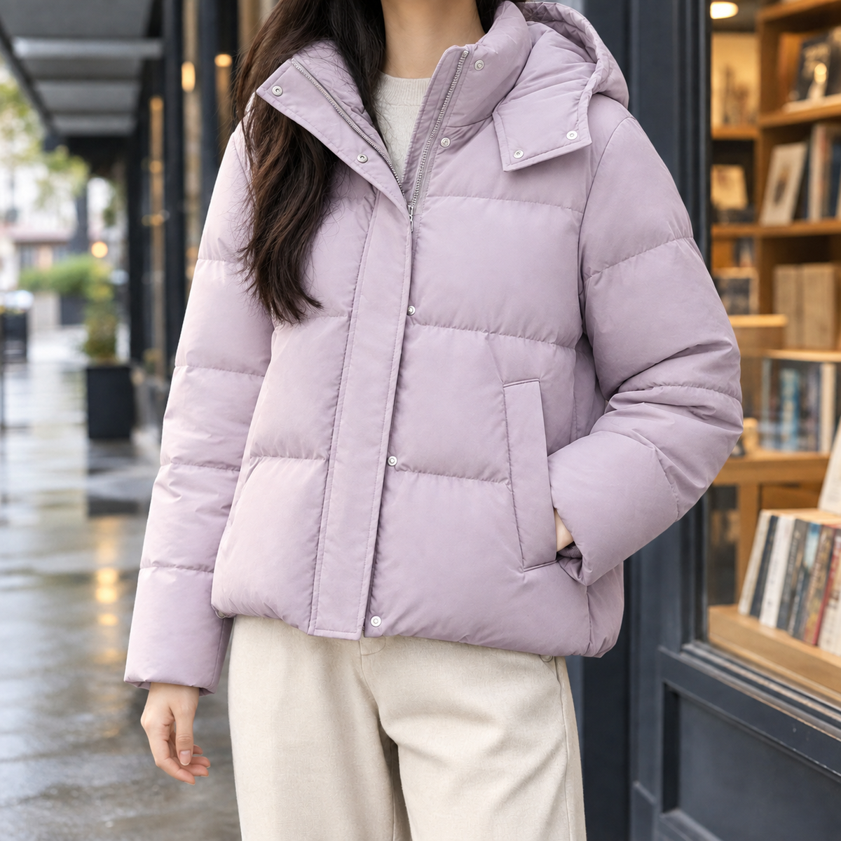 Puffer Jacket Down Filled Loose Waist-Length with Attached Hood