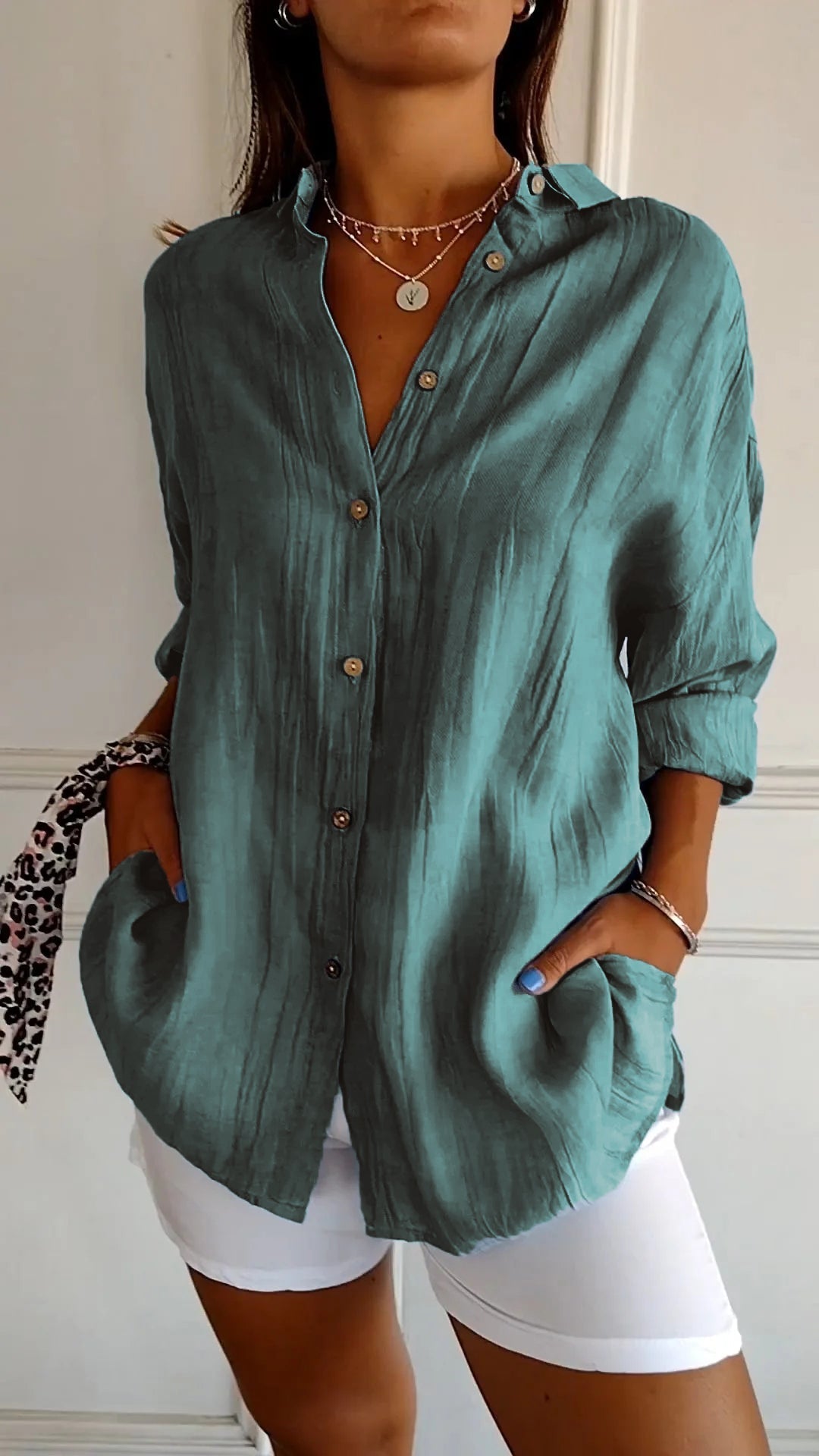 Azure | Women's Casual Button-Down Shirt Oversized Long Sleeve