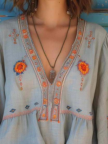 Sienna Women's Bohemian Blouse – Authentic Embroidery and Breathable Summer Cut