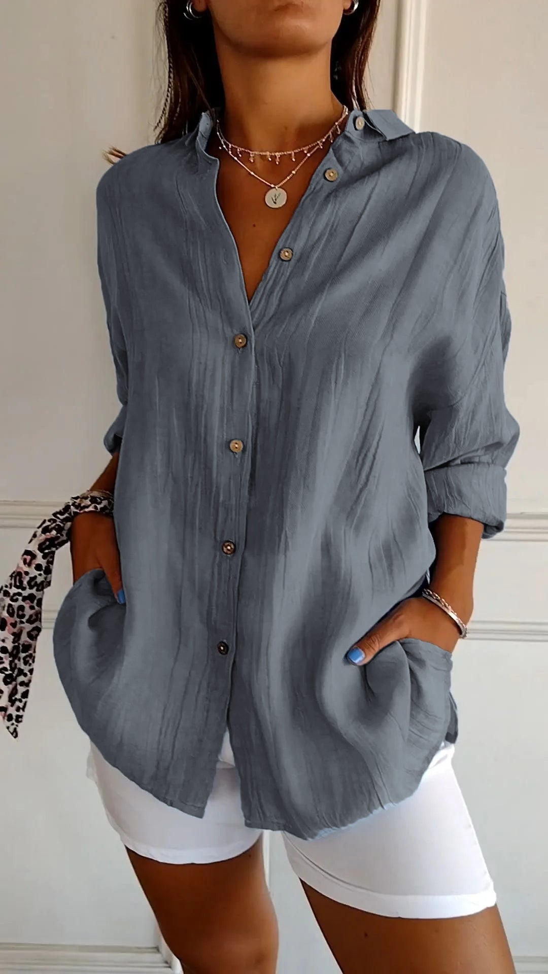 Azure | Women's Casual Button-Down Shirt Oversized Long Sleeve