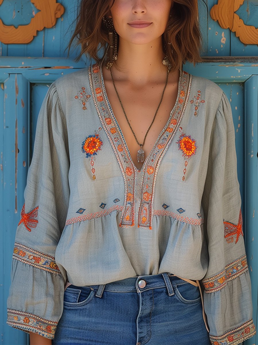 Sienna Women's Bohemian Blouse – Authentic Embroidery and Breathable Summer Cut