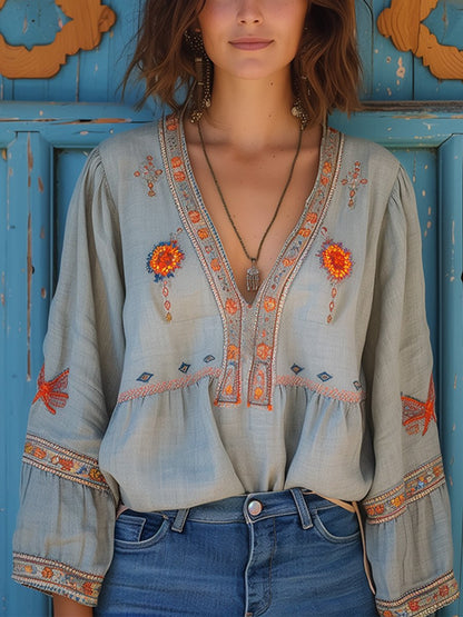 Sienna Women's Bohemian Blouse – Authentic Embroidery and Breathable Summer Cut