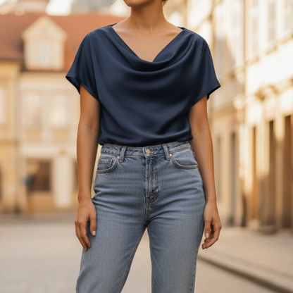Women's Satin Blouse with Short Sleeves and Cowl Neck