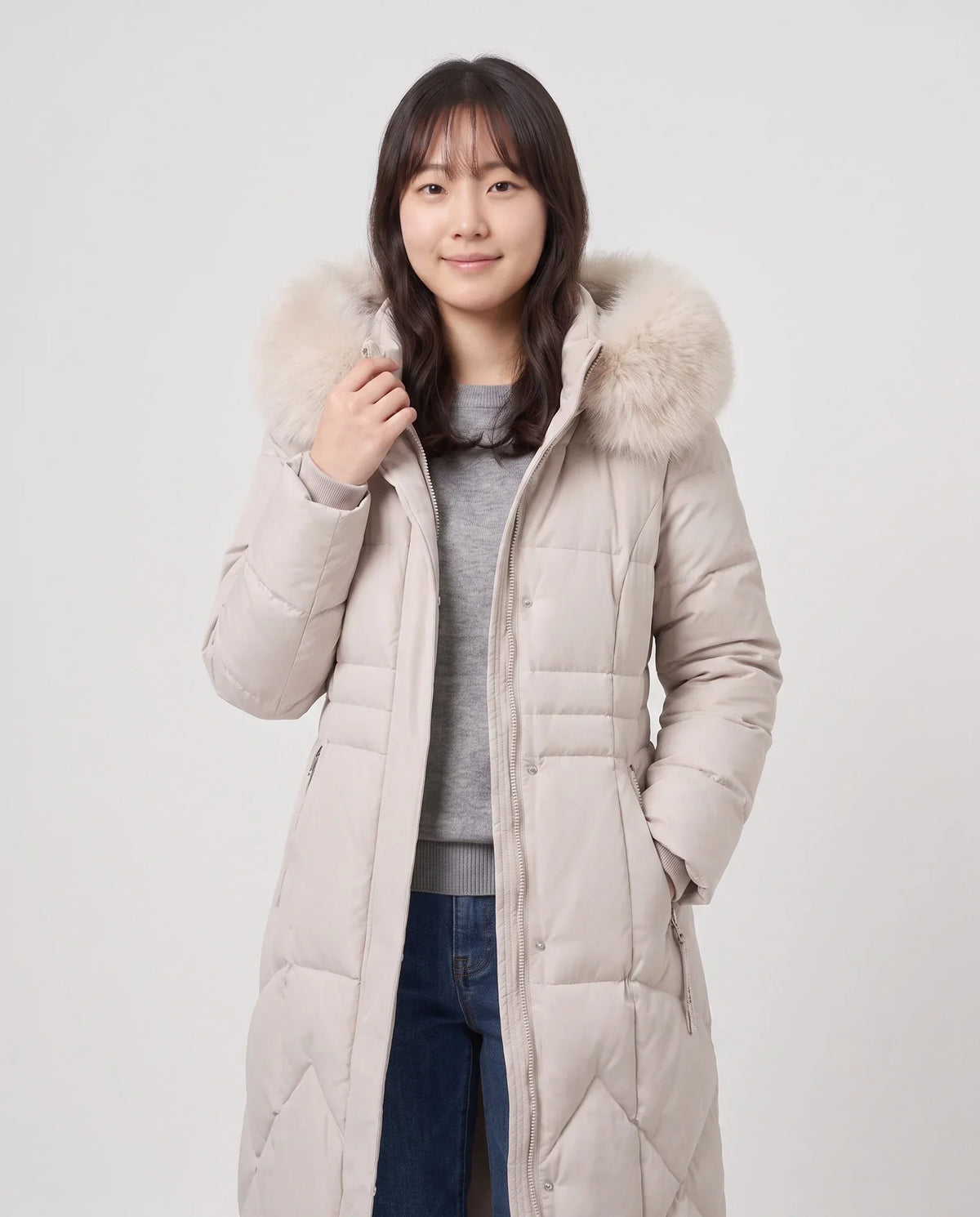 Long Fitted Puffer Parka with Faux Fur Hood