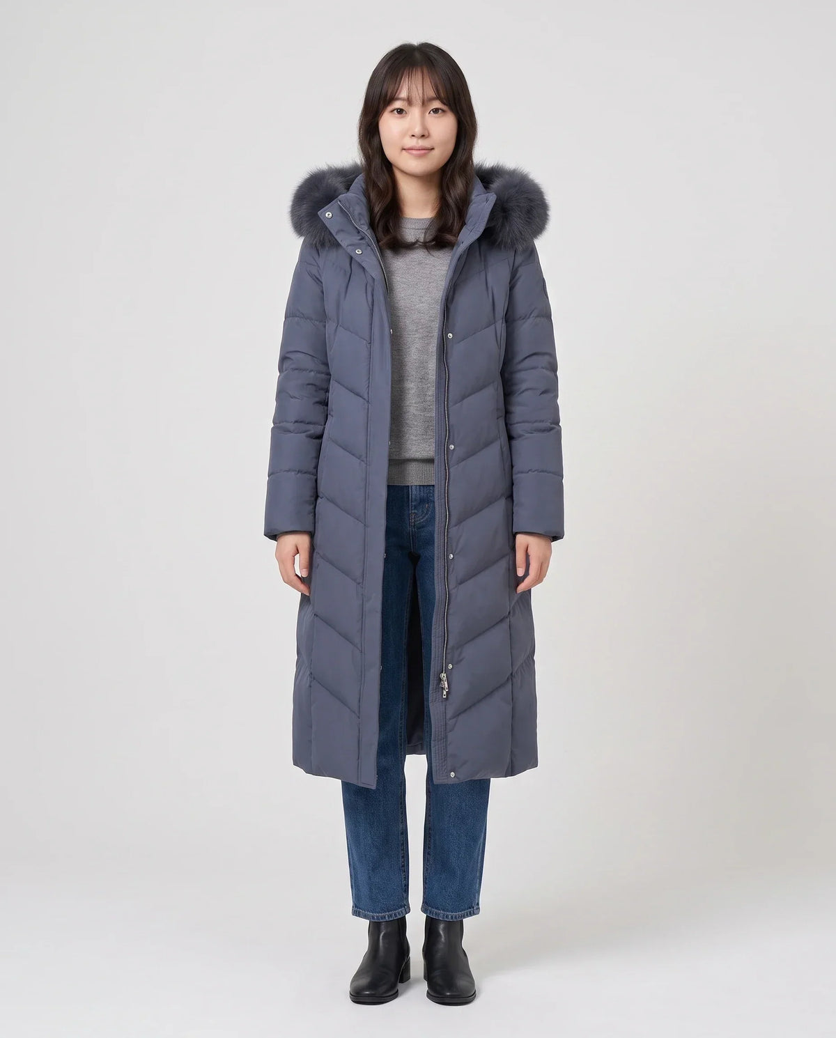 Long Fitted Puffer Parka with Faux Fur Hood