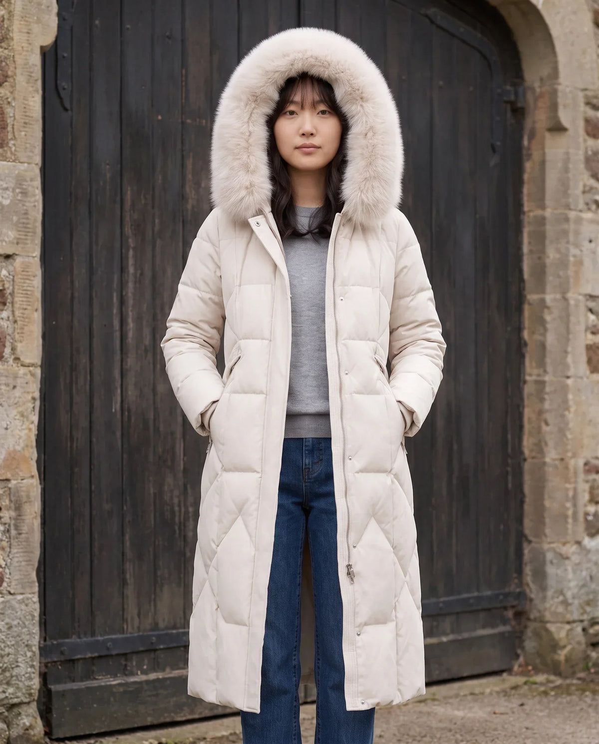 Long Fitted Puffer Parka with Faux Fur Hood