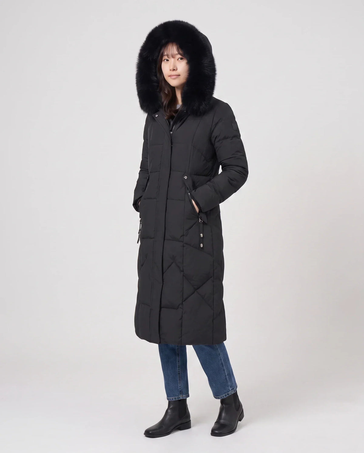 Long Fitted Puffer Parka with Faux Fur Hood