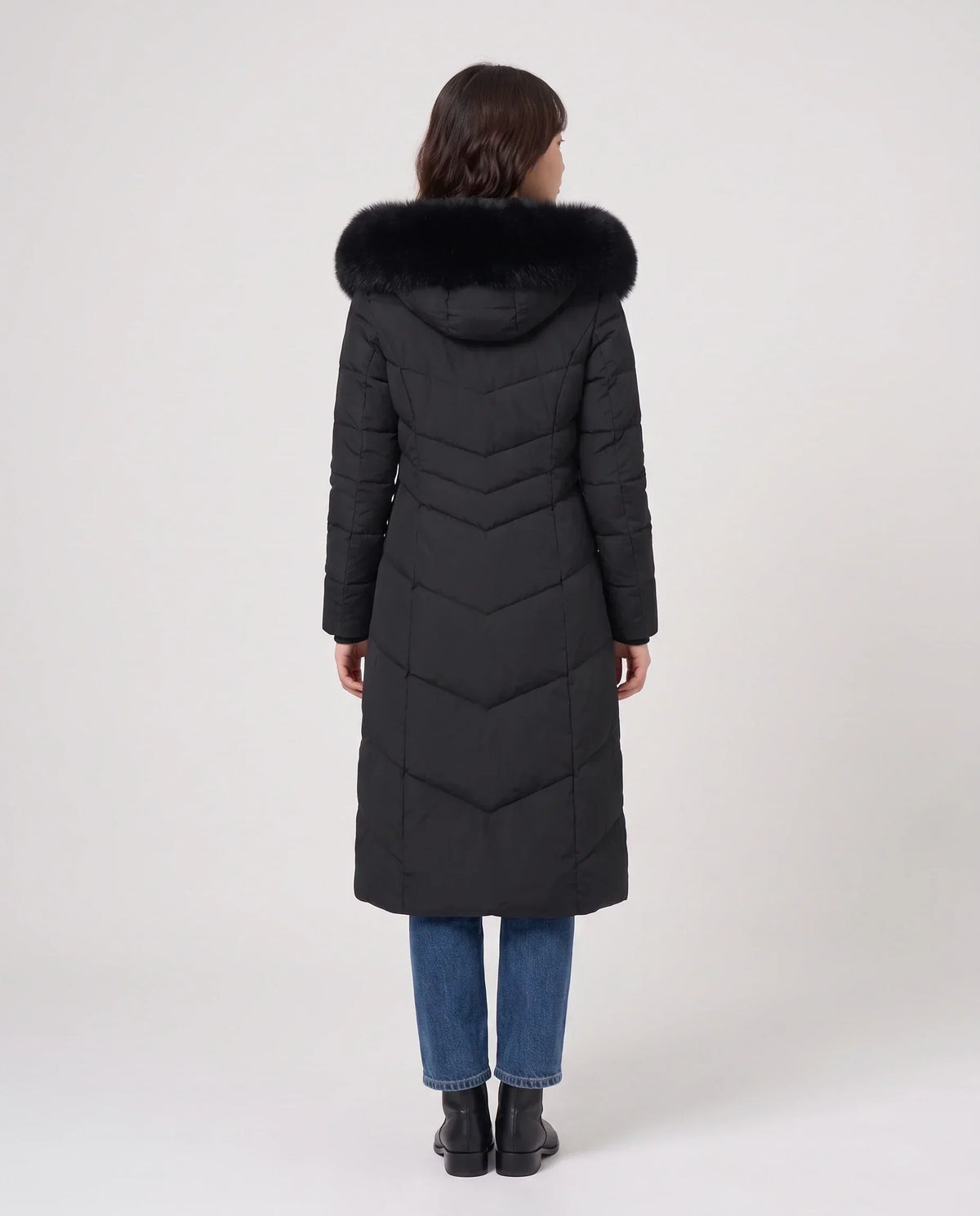 Long Fitted Puffer Parka with Faux Fur Hood