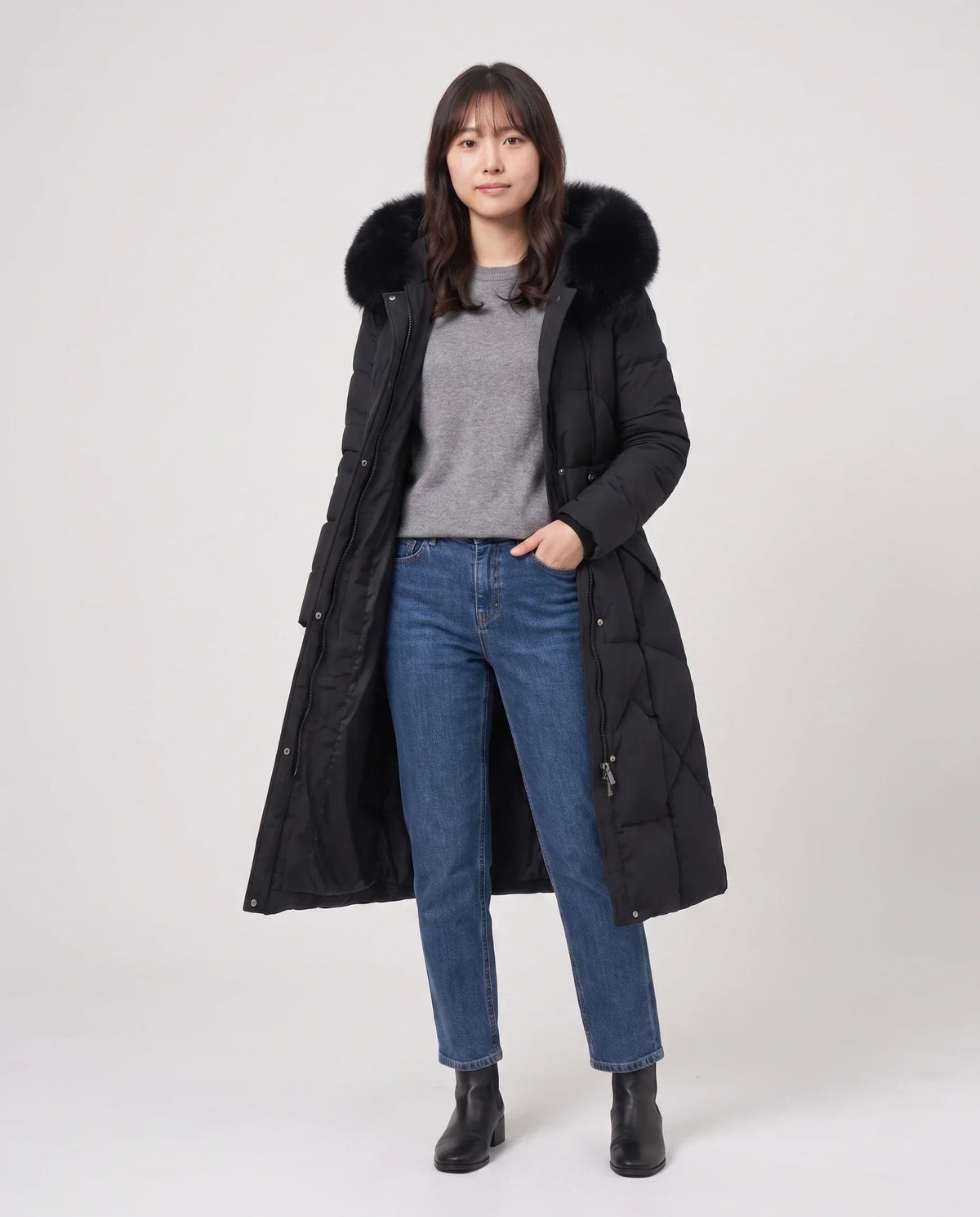 Long Fitted Puffer Parka with Faux Fur Hood