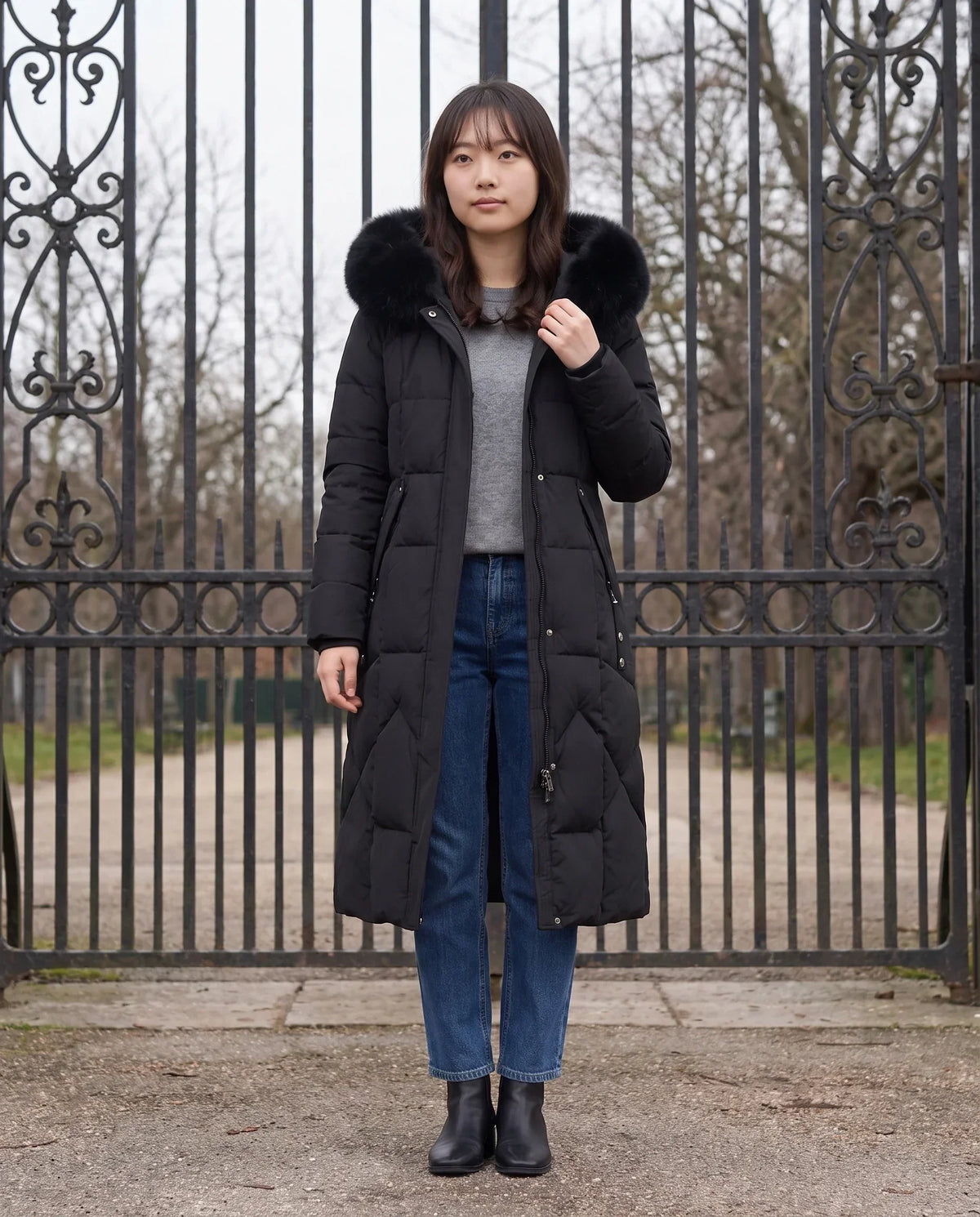 Long Fitted Puffer Parka with Faux Fur Hood