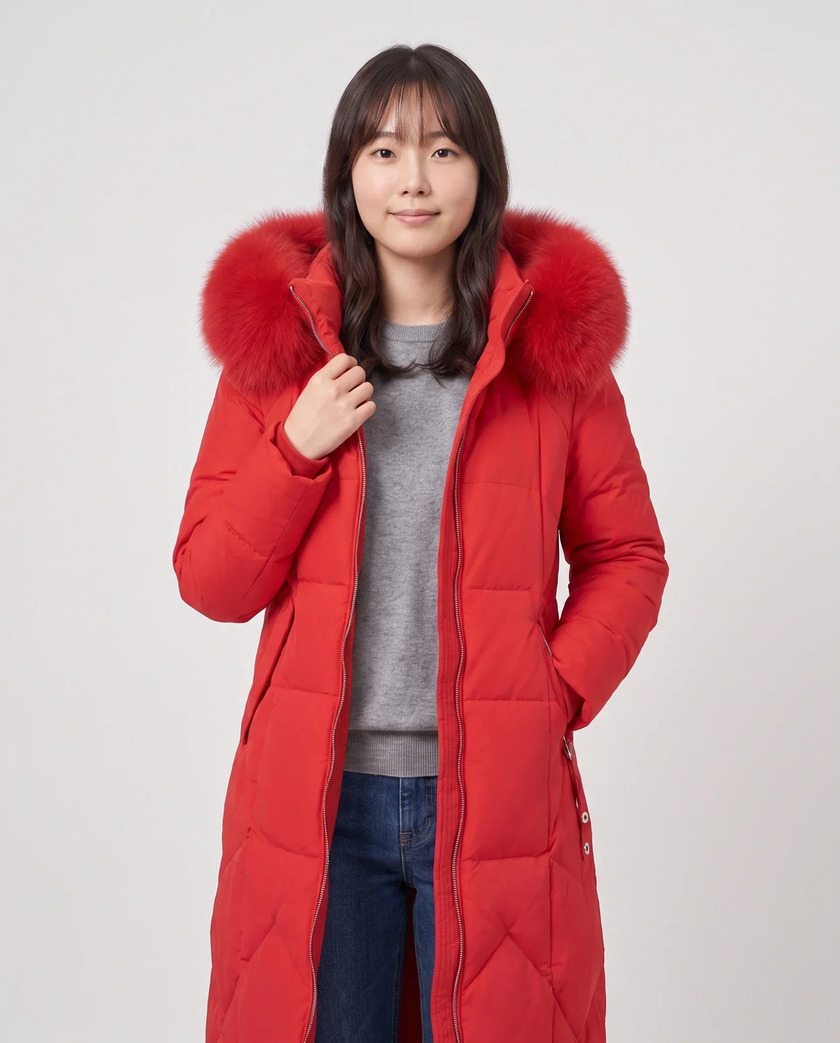 Long Fitted Puffer Parka with Faux Fur Hood