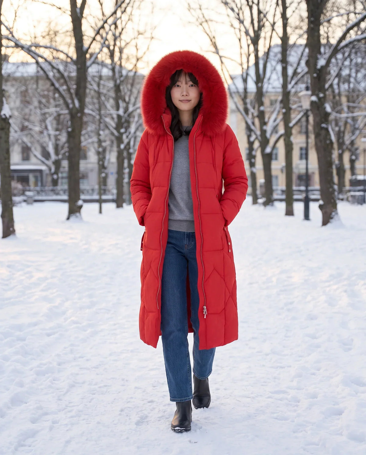 Long Fitted Puffer Parka with Faux Fur Hood