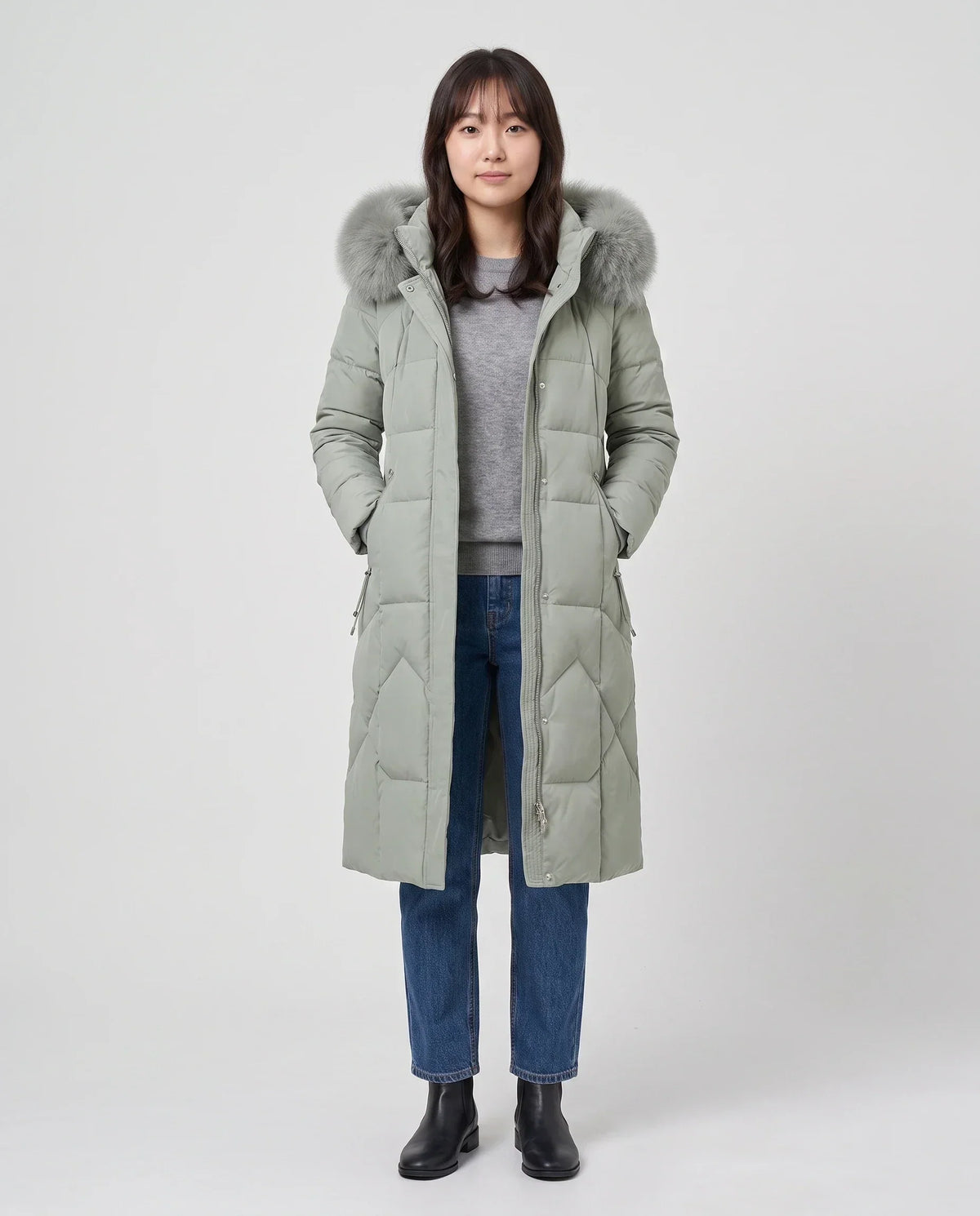 Long Fitted Puffer Parka with Faux Fur Hood