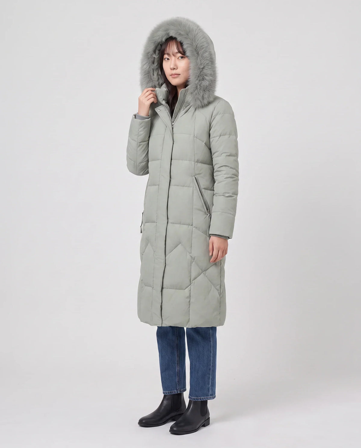 Long Fitted Puffer Parka with Faux Fur Hood
