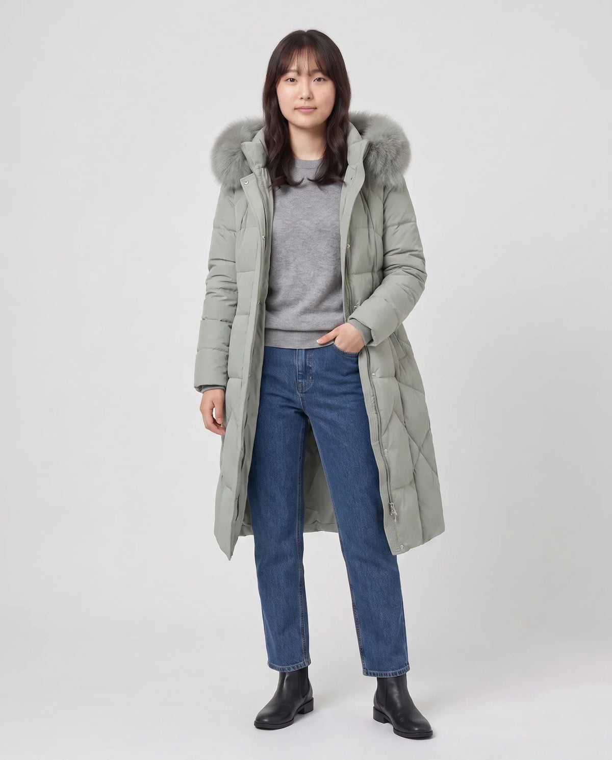 Long Fitted Puffer Parka with Faux Fur Hood