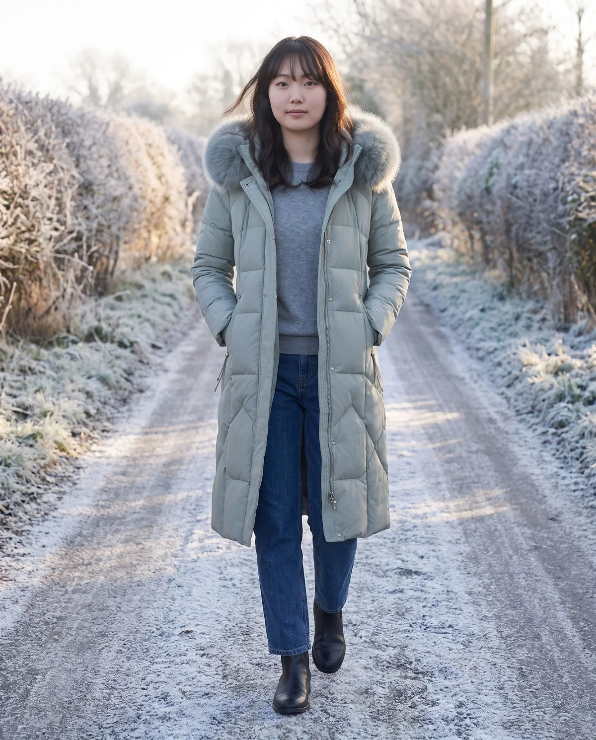 Long Fitted Puffer Parka with Faux Fur Hood