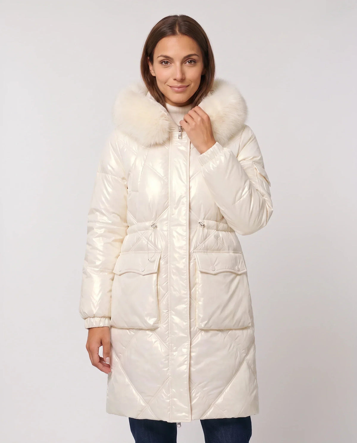 Shiny Mid-Length Parka with Faux Fur Hood