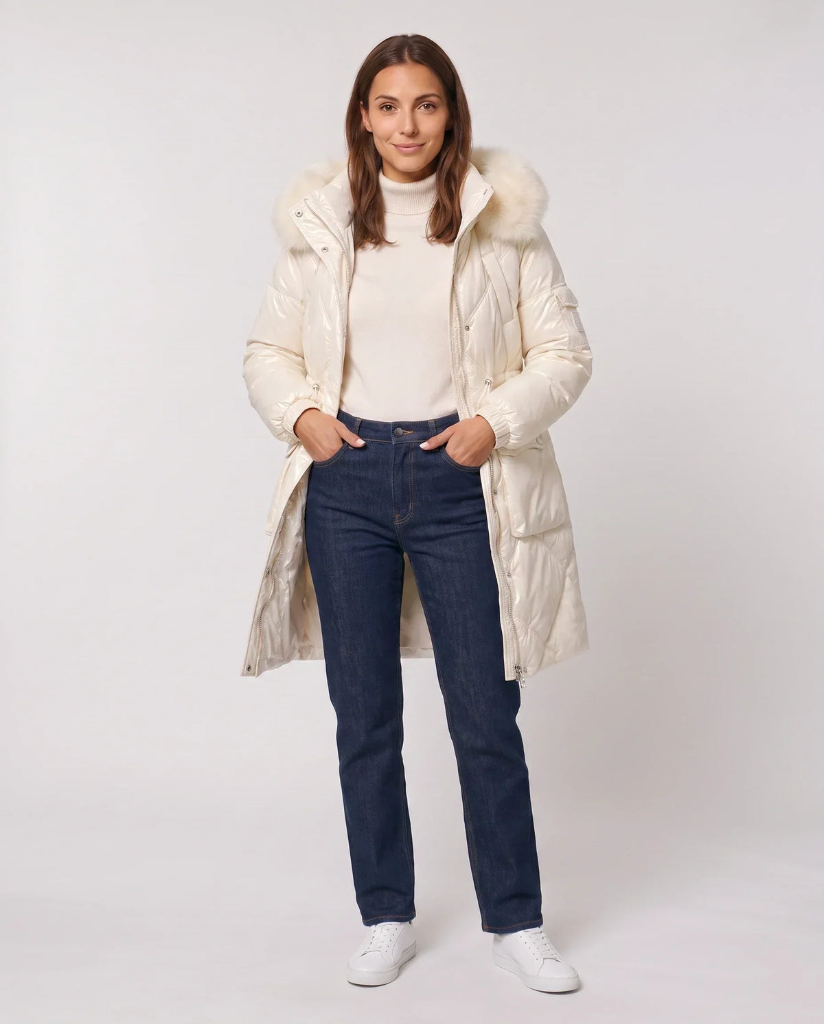 Shiny Mid-Length Parka with Faux Fur Hood